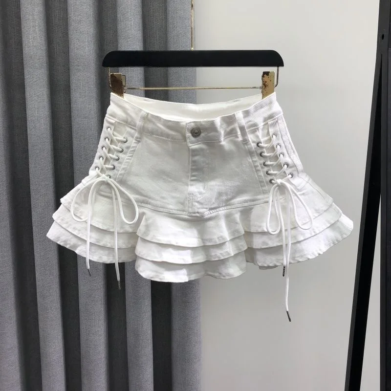 Girls Korean Fashion Versatile Denim Skirt 2026 Spring Summer New Elastic High Waist Ruffle Edge Puffy Short Skirt