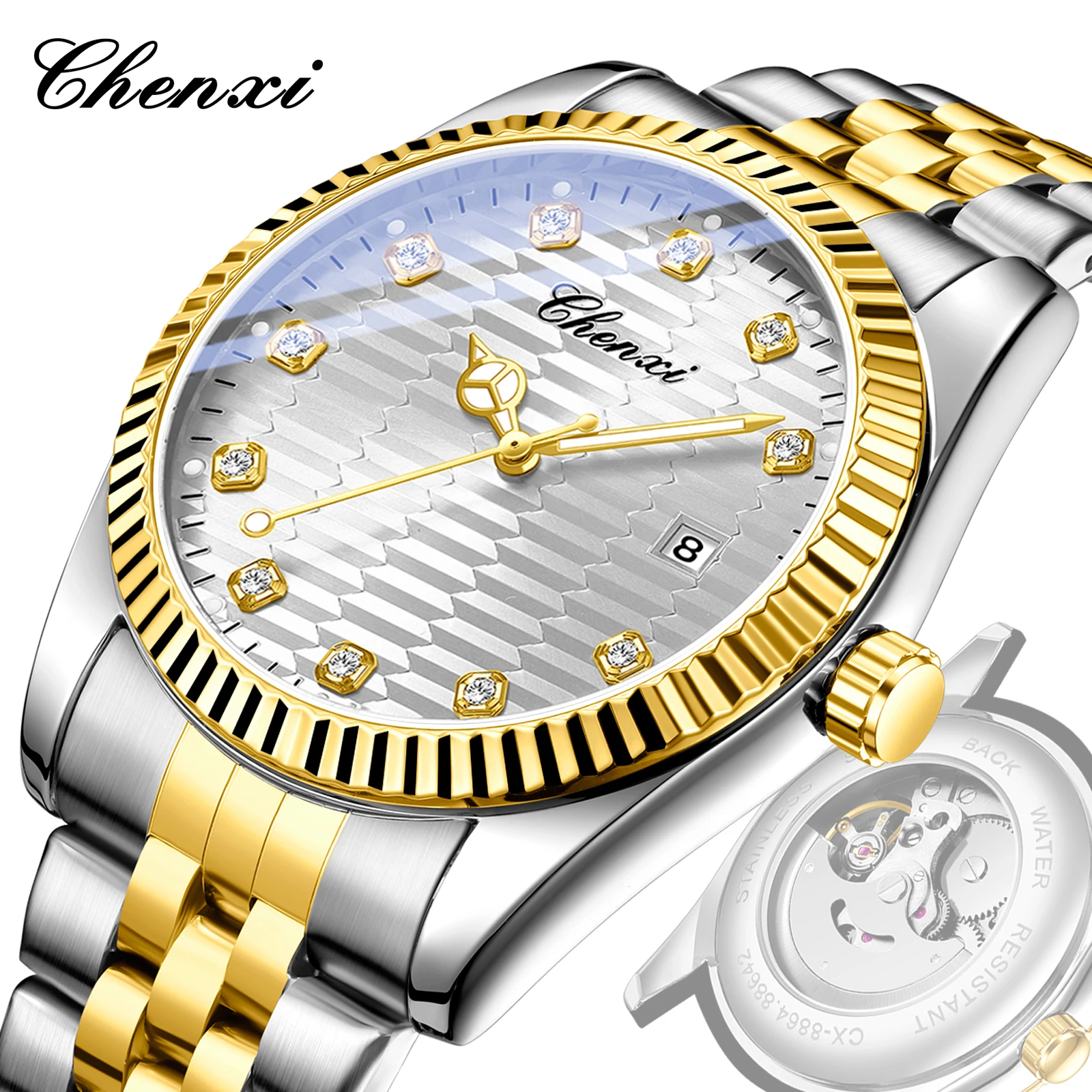 

Мужские кварцевые часы CHENXI 8864, модные, с подсветкой, календарем, водонепроницаемые, стальной браслет, деловой повседневный стиль, reloj hombre