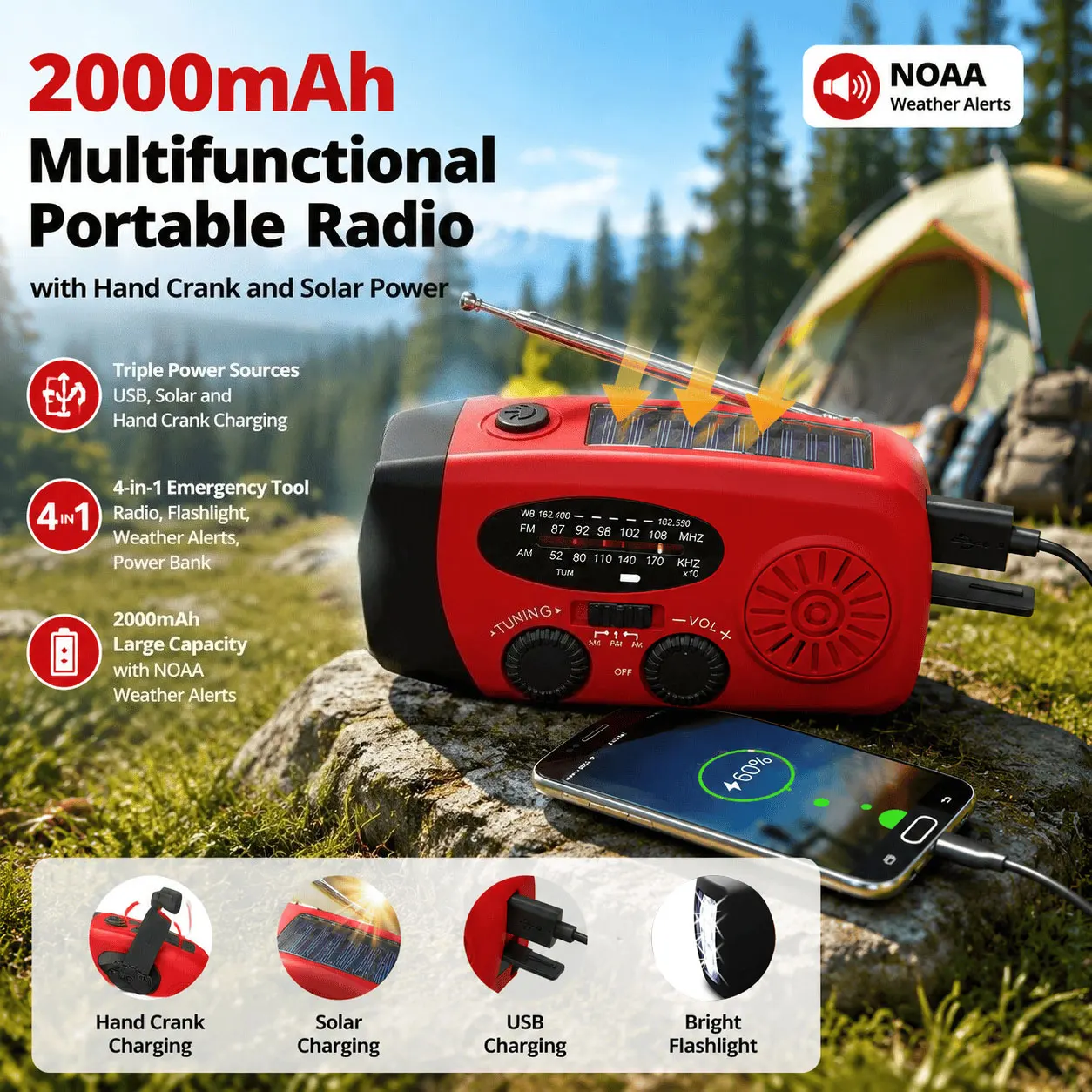 Portable Solar Hand Crank Radio 2000mAh Power Bank FM AM NOAA Weather Alert LED Flashlight Emergency Survival Gear Hurricane Supplies Emergency Preparedness for Home Blackout Severe Weather Outdoor Camping