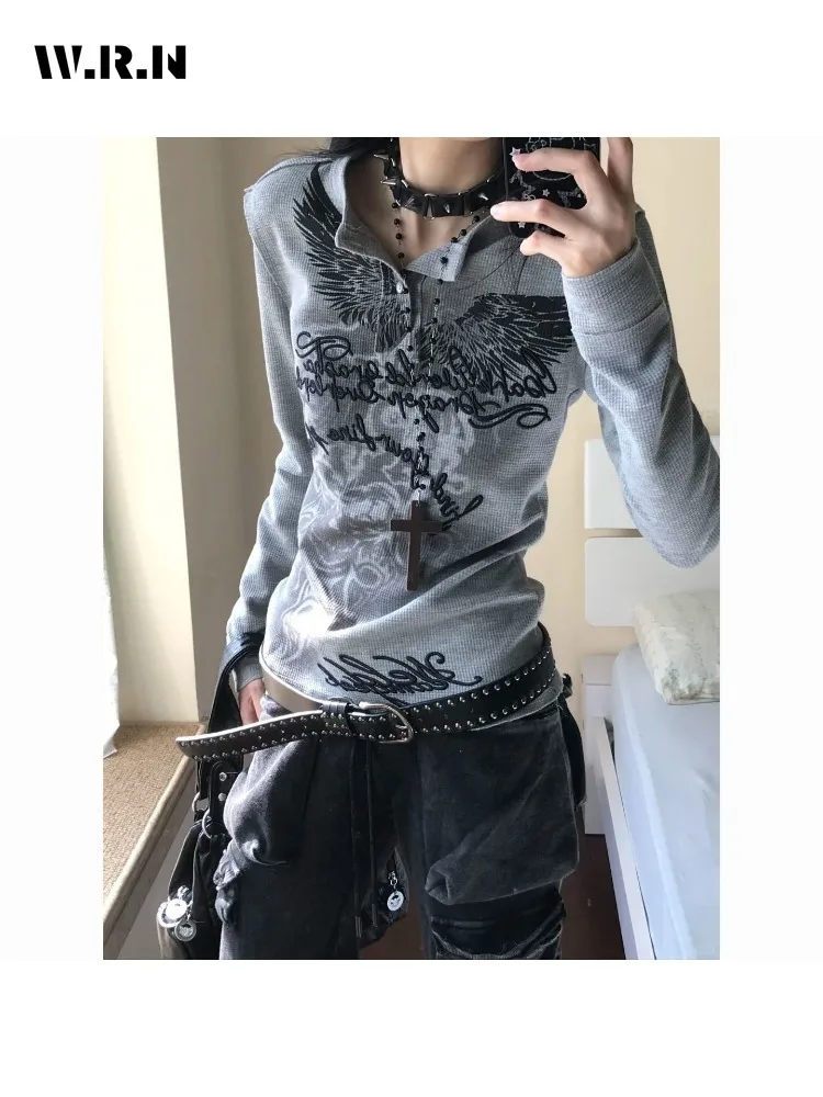 

High Street повседневные футболки с отложным воротником и длинными рукавами с принтом, женские модные футболки в темном готическом стиле в стиле гранж, облегающие топы