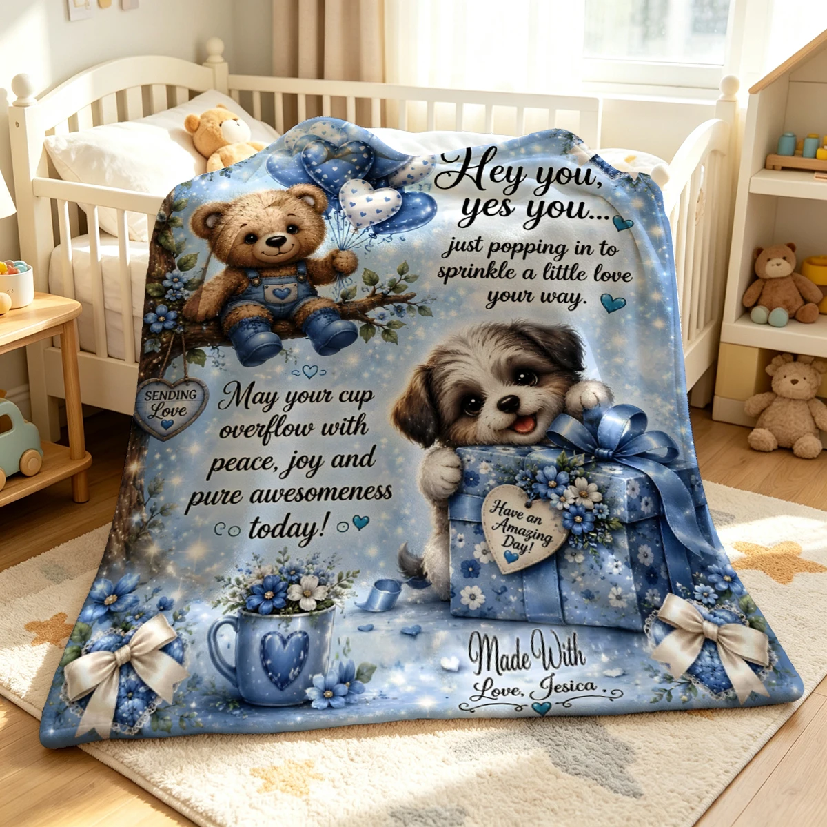 Blue Teddy Dog Gift Soft Fluffy Flannel Blanket Super Cozy Lightweight Bed Blanket for Halloween Sofa Bed Christmas Decor