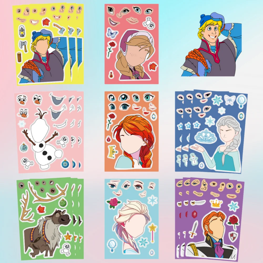 Neues 8-teiliges Set F-r-o-z-e-n Cartoon Anime Aufkleber DIY Zusammenbau-Spiel Aufkleber Gesichter Zusammensetzen Kreatives Geburtstagsparty-Geschenk