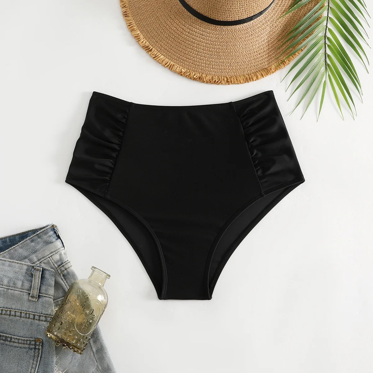 

New High Elastici Women's e Bikini Swimsuit Pleated Color Cross-Border High Waist ort Pants Lycra Fabric