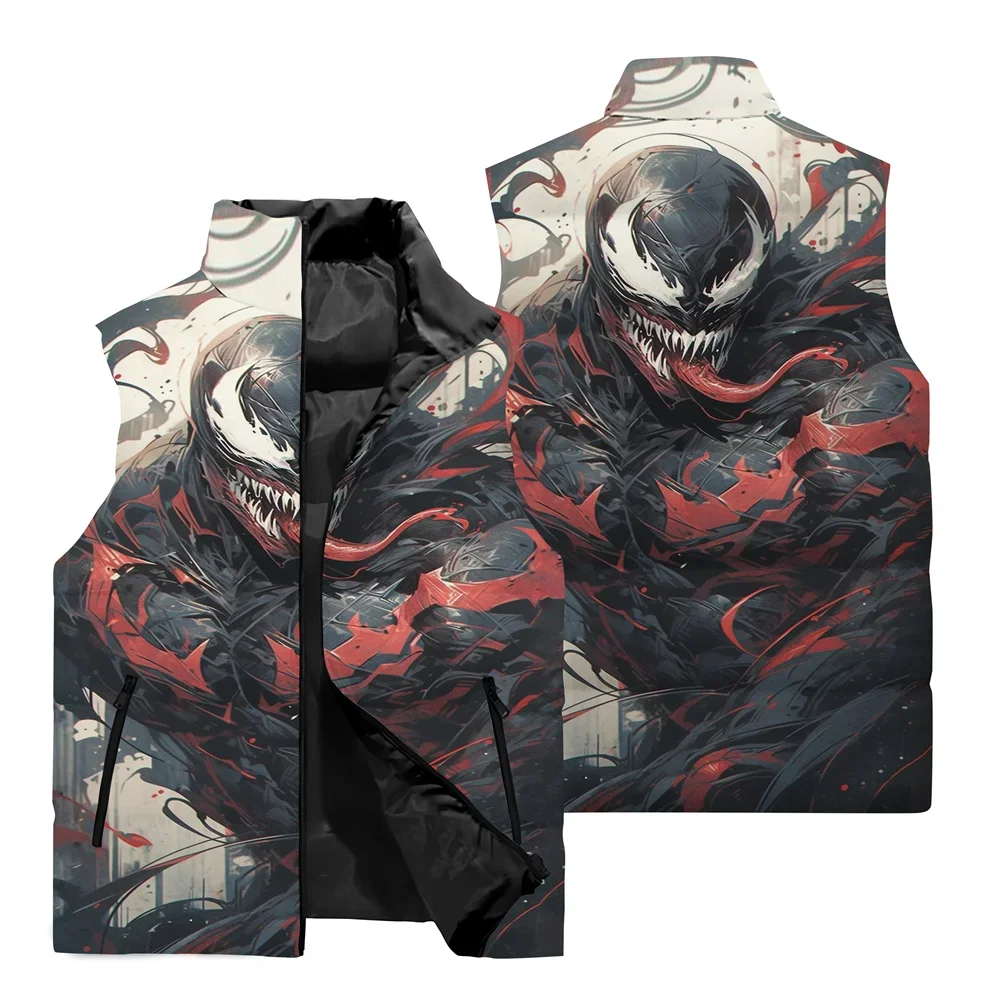 Men\'s 3D Marvel Venom Superhero Sleeveless Jacket Outdoor Leisure Sports Warm Coat Men\'s Casual Stand Collar Jacket Windbreaker