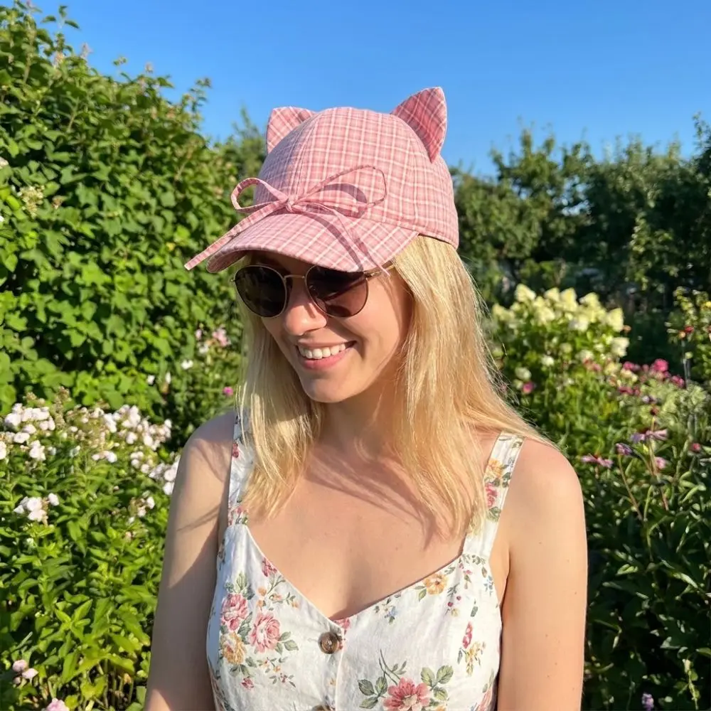 

Cute Cat Ears Baseball Cap Plaid Breathable Peaked Cap Simple Bow Tie Style Flat Cap Unisex Outdoor
