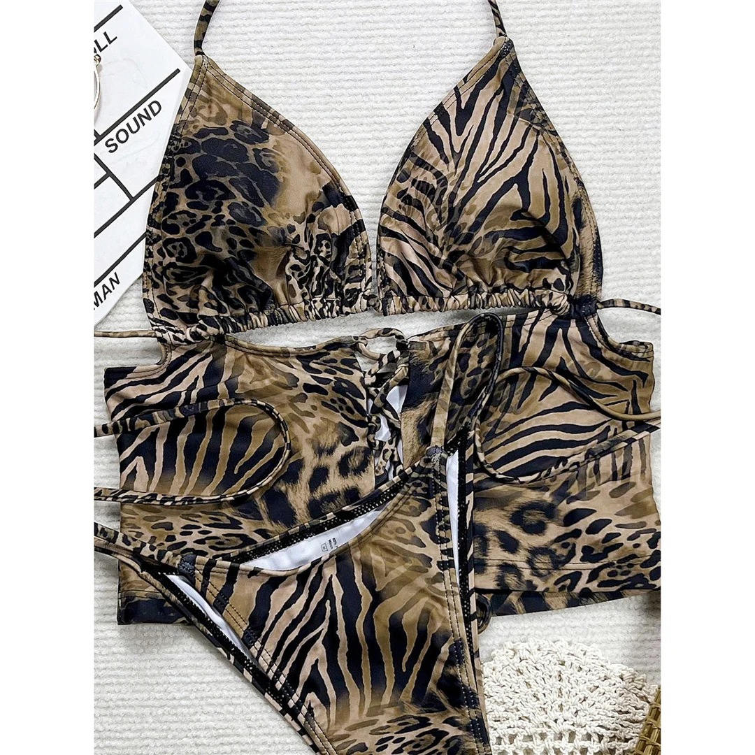 Leopard-Halter-Bikini mit Schnürung und hohem Beinausschnitt, zweiteiliger Bikini-Set, Damen-Badeanzug, Badebekleidung, Badeanzug, Schwimmbekleidung V6471 – Detail 10