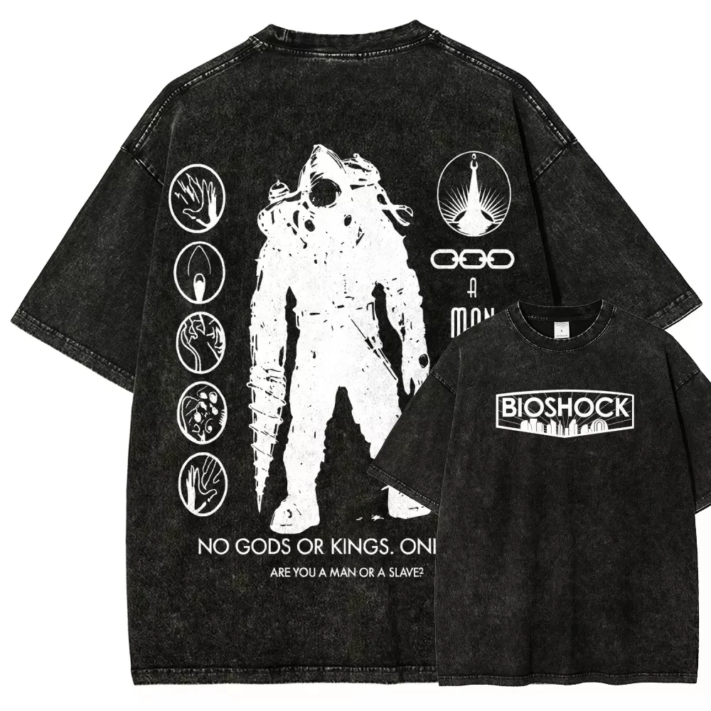 Klassisches Retro-Shooter-Spiel Bioshock Grafik-Print T-Shirt für Männer und Frauen Neues Harajuku Übergroßes Unisex-Paar-T-Shirt im Used-Look – Detail 6