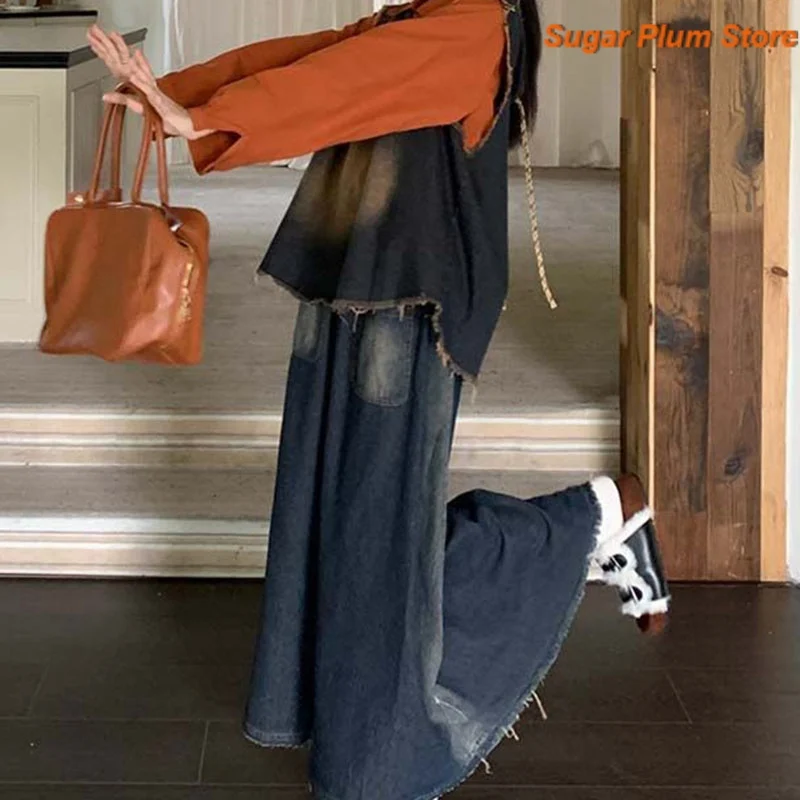 Japanese Retro Gradient Denim Vest Fake Two Women's Autumn New High Waist Skirt Comfortable and Casual College Wind Jacket Suit.