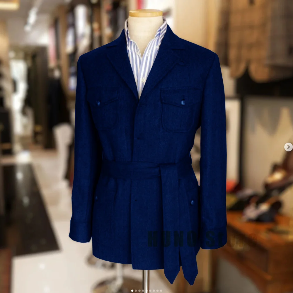 Chaqueta de caza de Tweed de espiga Vintage con cinturón para hombre, Blazer informal de caza, Blazer de un solo pecho, diseño elegante