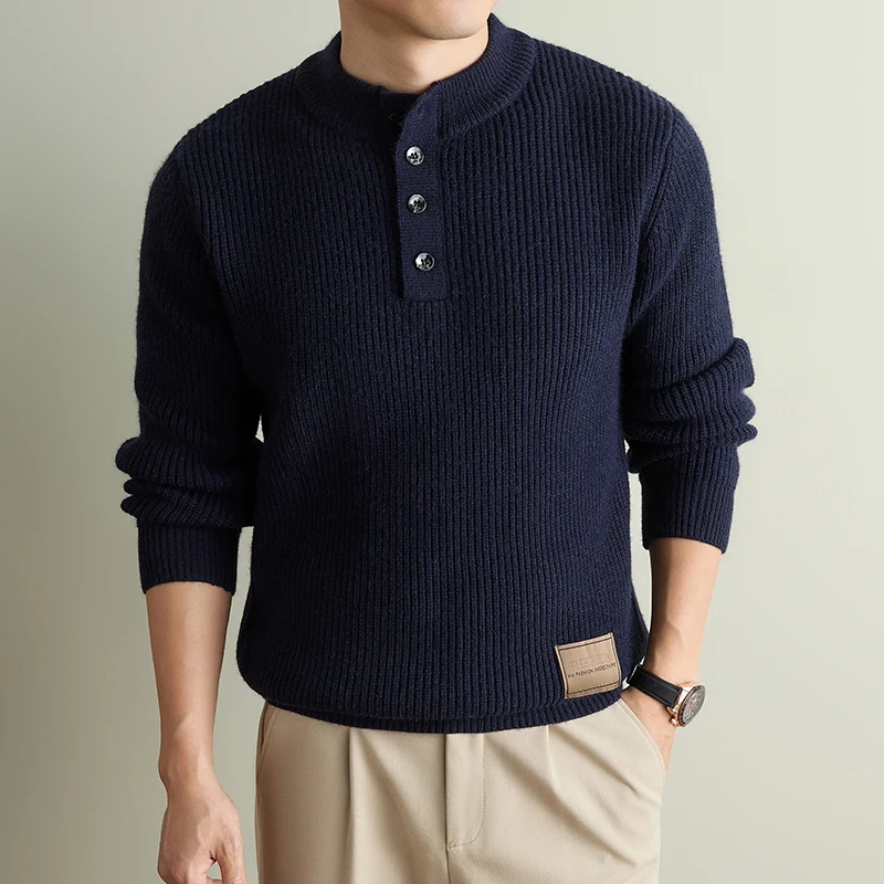 Trendy Brand decal men's sweater high-quality knitted 2026 new pullover luxury autumn winter soft comfort button round neck top