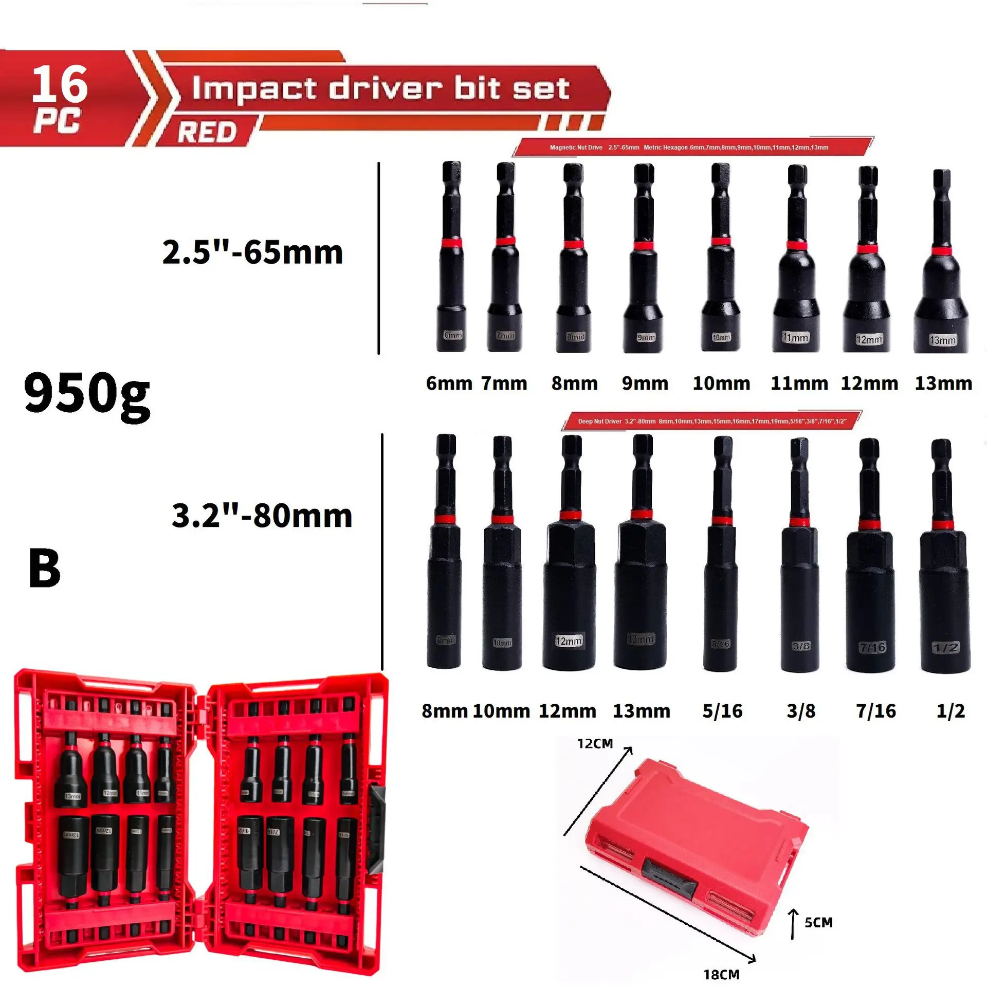 

Impact Resistant Black Strong Magnetic Sleeve Set 16PCS Metric Imperial Socket Tool Kit