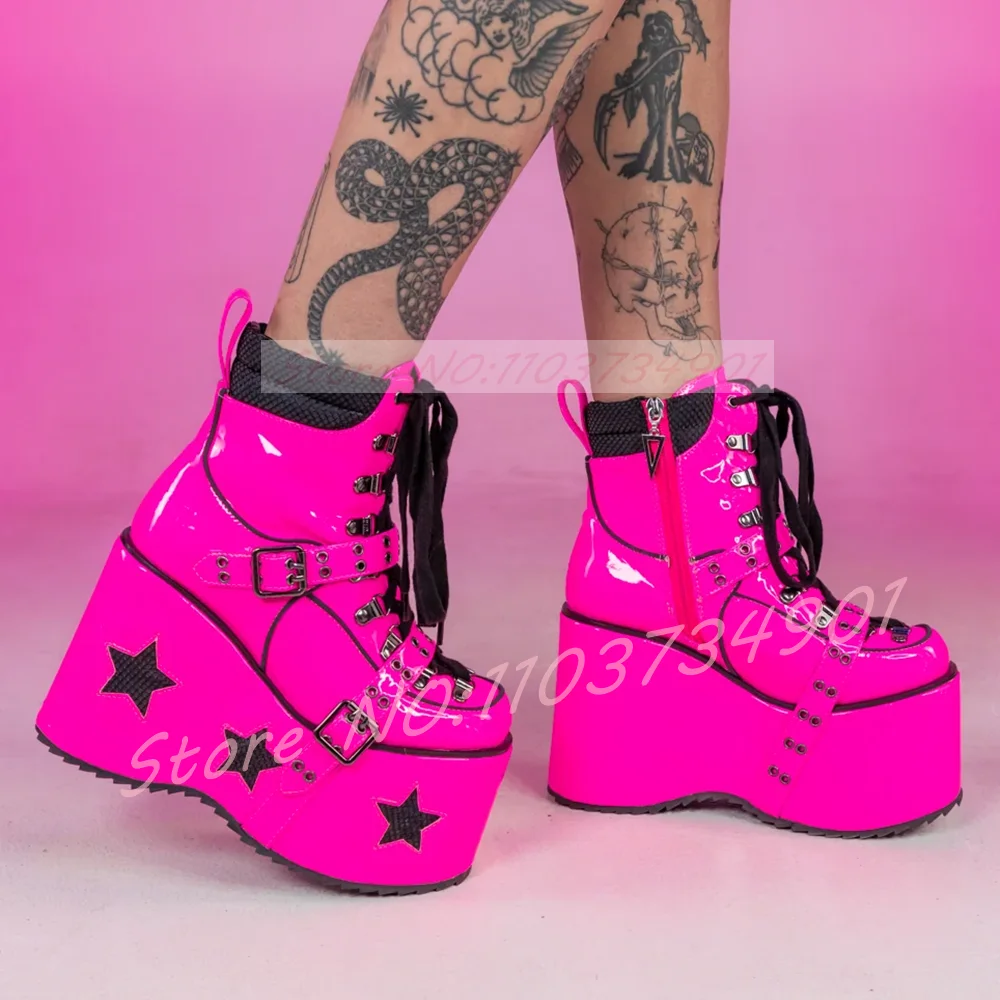 Hot Pink Wedge Platform Booties Women Goth Buckle Strap Star Decals Lace Up Round Toe Ankle Boots Punk Party Festival Shoes