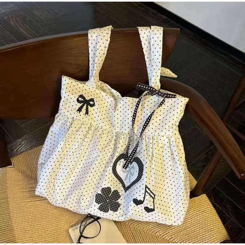 Korean Polka Dot Shoulder Bag Women's Nylon Tote Bag Cute Bow Love Note Printed Tote Bag Skirt Design Magnetic Buckle Armpit Bag image 2
