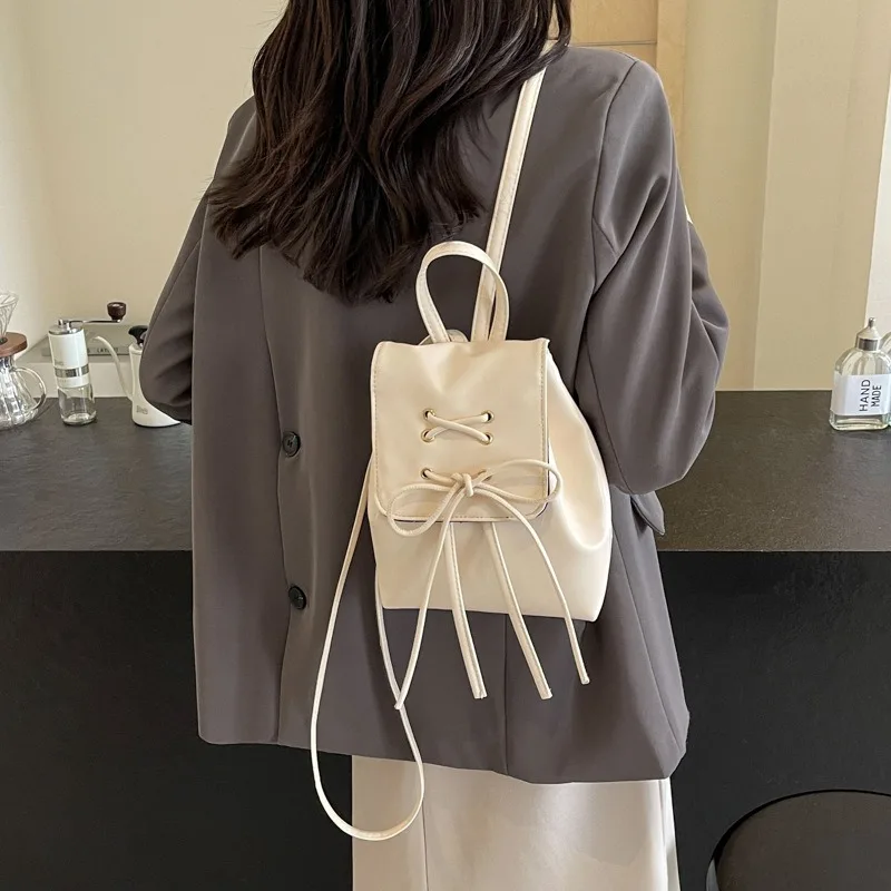 PU Leather Women Fashion Versatile Backpack New Large Capacity Solid Color School Bag Mini Drawstring Backpack Women