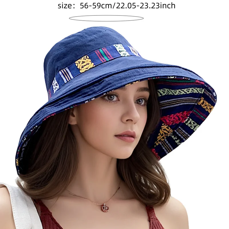 Fisherman Hat Spring Summer National Style Reversible Sun Hat Travel Versatile Cap Women'S Face-Covering Influencer Beach Hat