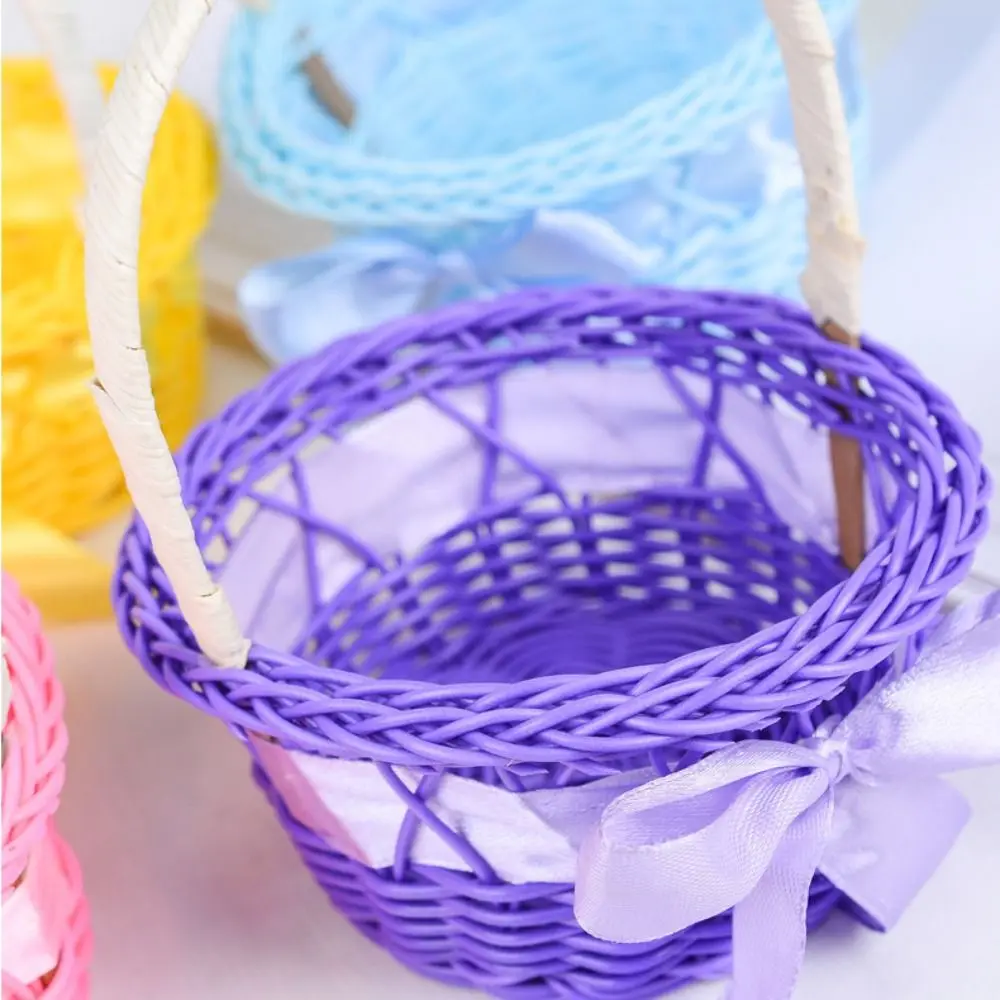 Imitation Rattan Round Small Flower Basket with handle Decorative Woven Hand-held Flower Basket Pink/Purple/Orange/Blue/Yellow