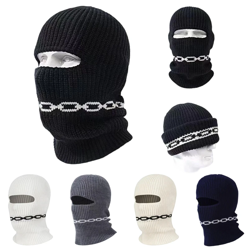 Stylish Chain Pattern Balaclava Hat Trendy Full Face Cover Knit Beanie Hip‑Hop Street‑Style Headwear Soft Stretchy Head Wrap