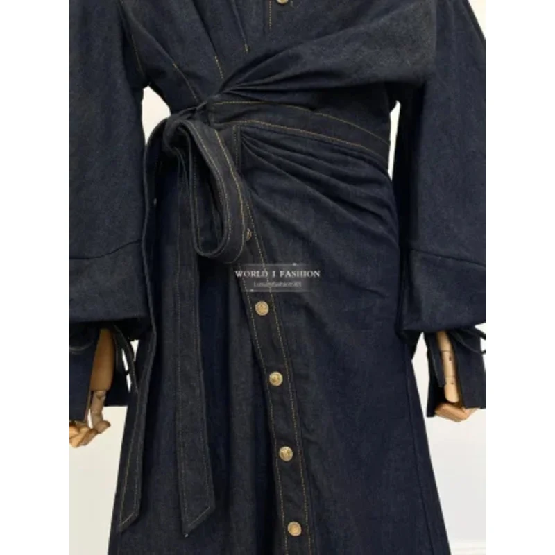 2025 Vestido midi vaquero de manga larga azul marino de nueva moda