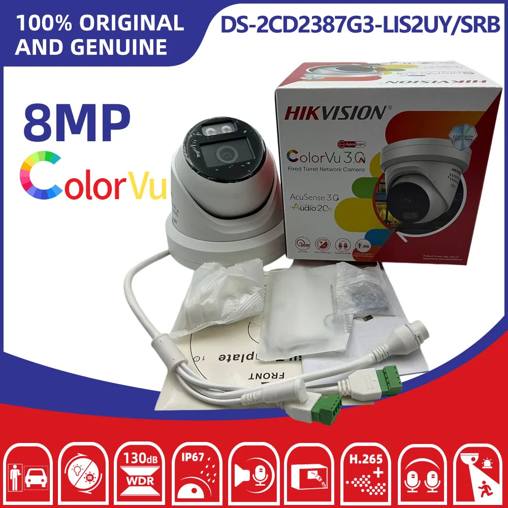 Hikvision DS-2CD2387G3-LIS2UY/SRB 8MP 4K ColorVu3.0 AcuSense3.0 Red-Blue Strobe 2-Way Audio POE IP67 Outdoor Turret Camera