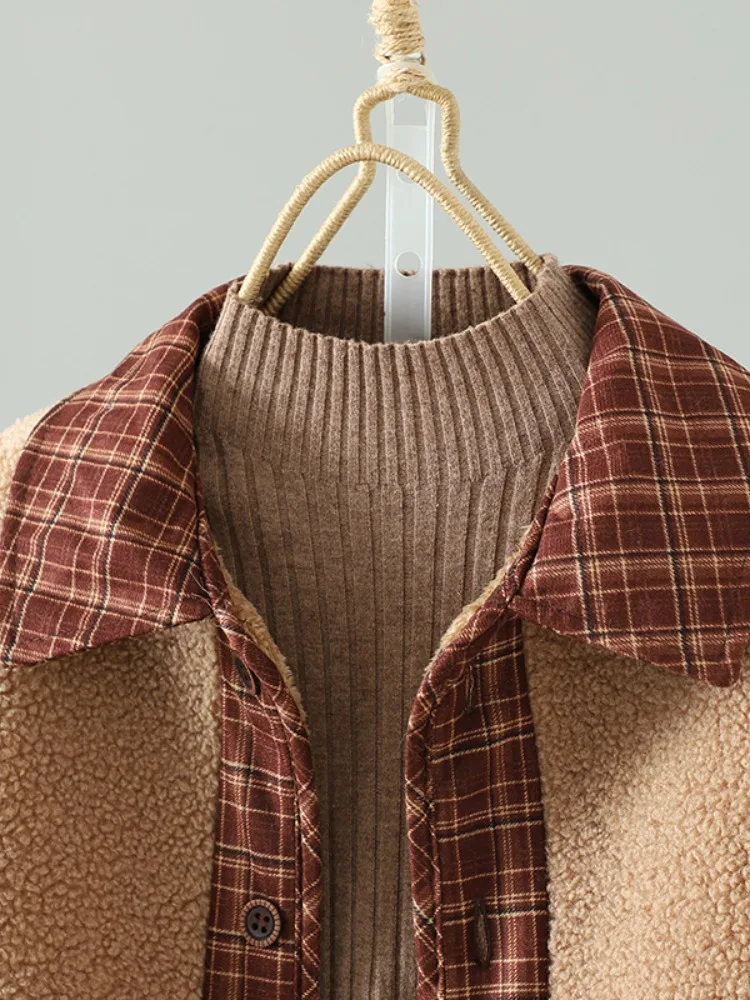 Trendy Patchwork Plaid Particelle di grandi dimensioni Fce Cotton Jaet Donna Inverno Mamma Vestiti Cappotto di cotone caldo e sciolto in pelliccia di agnello