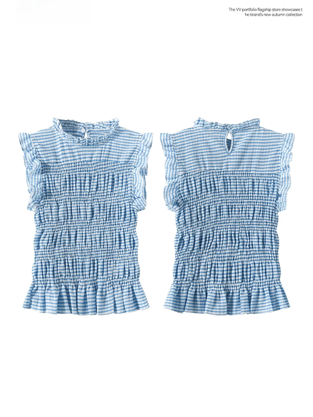 Slim Fit Striped T-Shirt Women's Summer Fashionable Blue Sleeveless High Waist Gathered Pleated Short Top with Wood Grain 