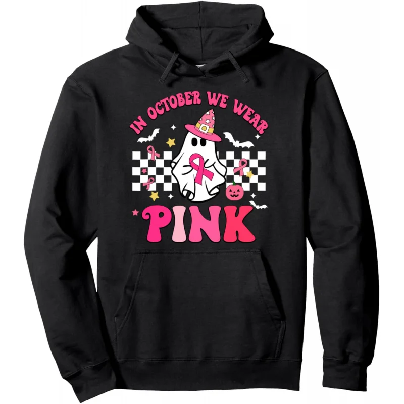 

In October We Wear Pink Breast Cancer Halloween Witch Ghost Pullover Hoodie