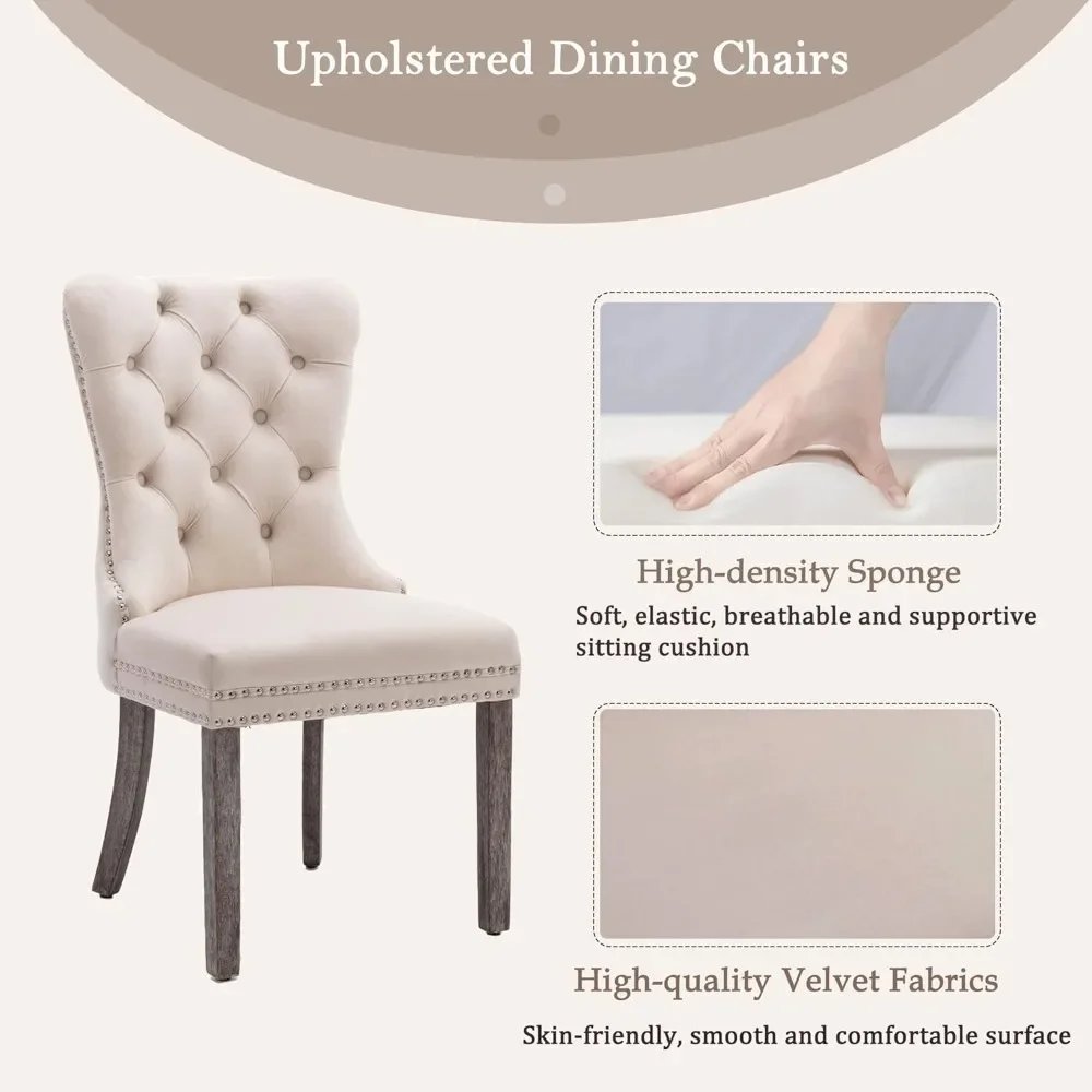 Velvet Dining Chairs,Upholstered，Dining Room Chair with Nailhead Back Ring Pull Trim Solid Wood Legs,Modern Style for Kitchen