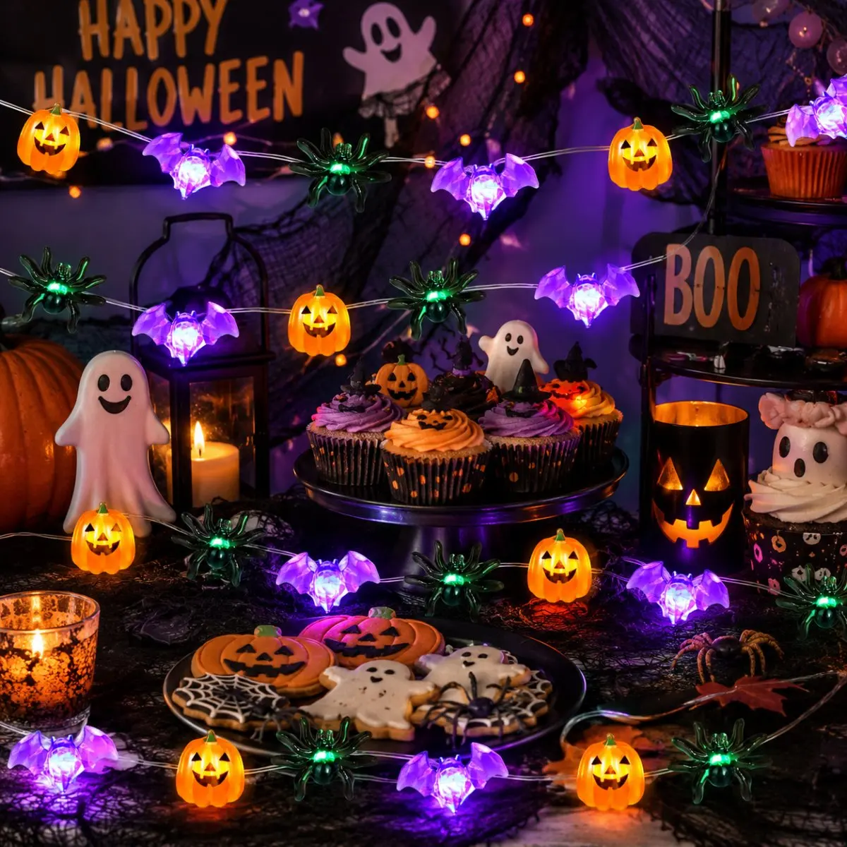 1pc 20/30LED Halloween LED String Light With Pumpkin Bat Spider Fairy Lights Battery Operated For Home Window Yard Haunted Decor