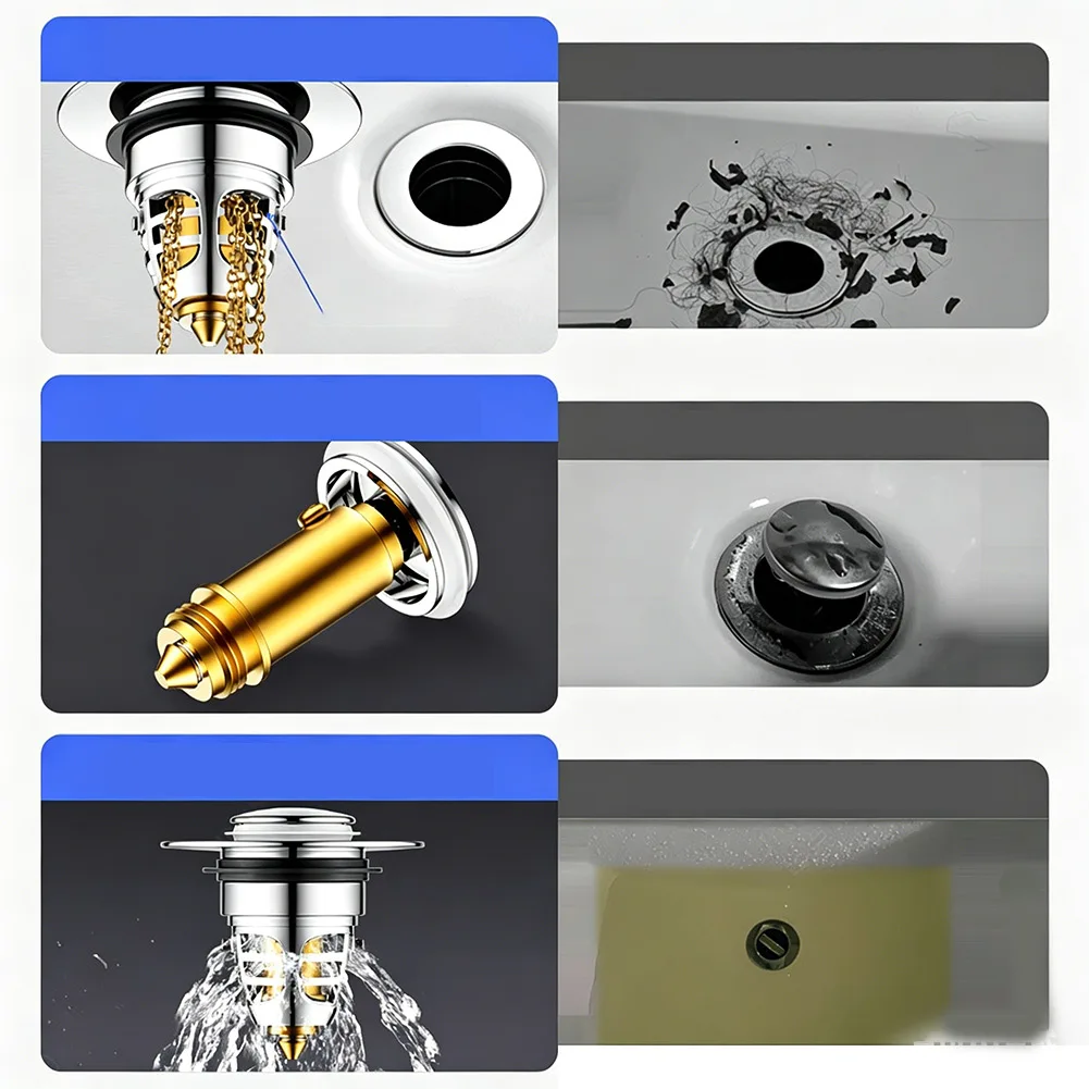 Push Down Drain for Washbasins with Reliable Sealing Copper ABS Structure Fits Sink Apertures 32 mm through 41 mm