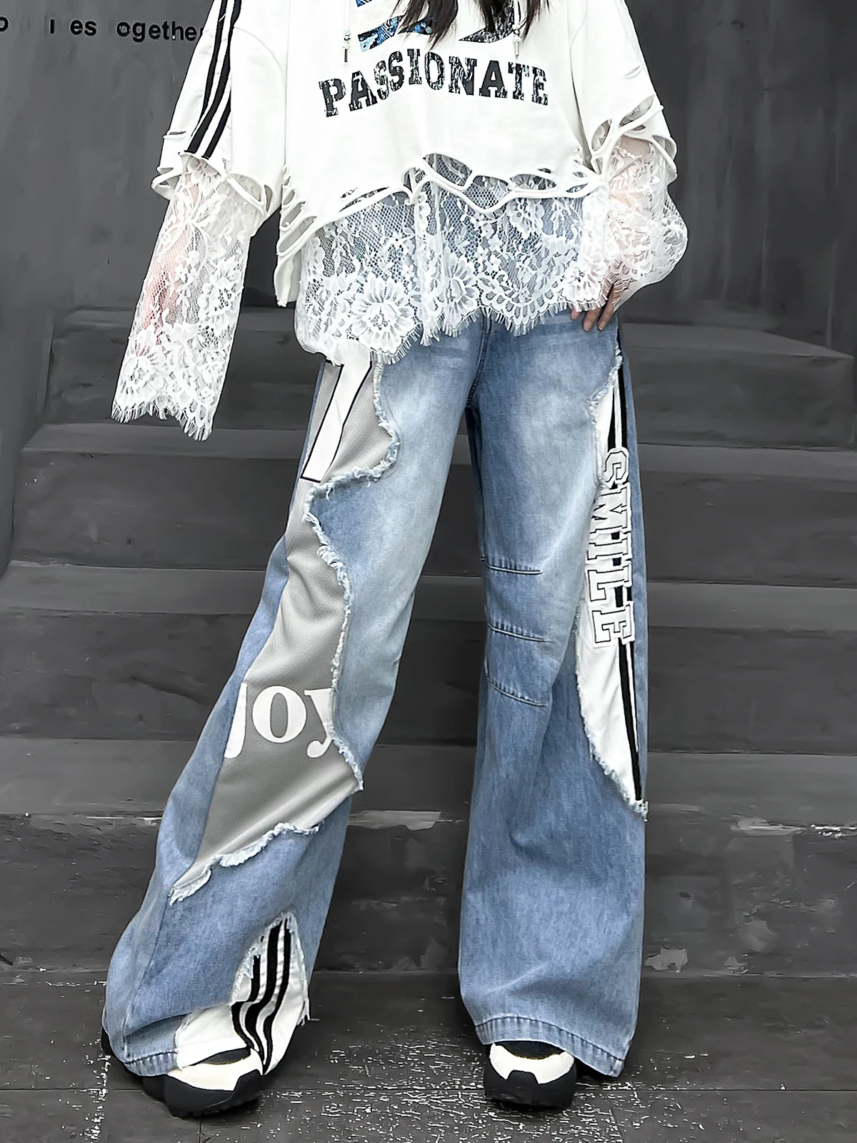 

M-Home Trendy American Straight Leg Jeans Women's Spring 2026 New Street Design Long Pants Splicing Floor-Length Casual Pants