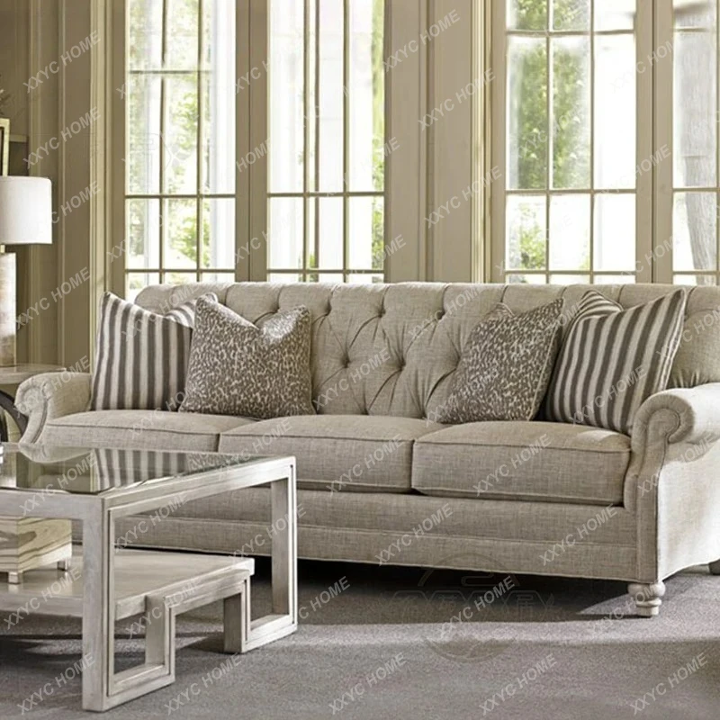 LX country fabric high-end solid wood sofa pull button cotton and linen single double three leisure light luxury retro