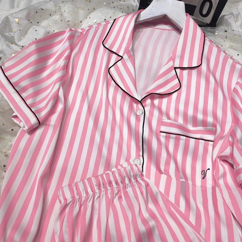 Women's Ice Silk Pajamas Homewear Short Sleeve Two-piece set Summer Loose Pink Striped Pajamas Suit Femme Satin