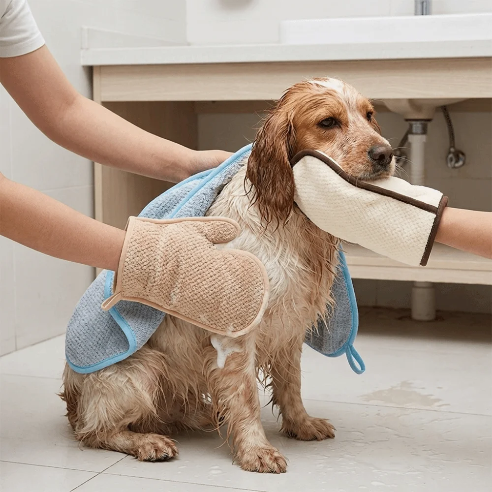 Microfiber Pet Absorbent Towel Glove Shape Soft Texture Dog Bath Towel High Water Absorption Large Size Pet Grooming Towel