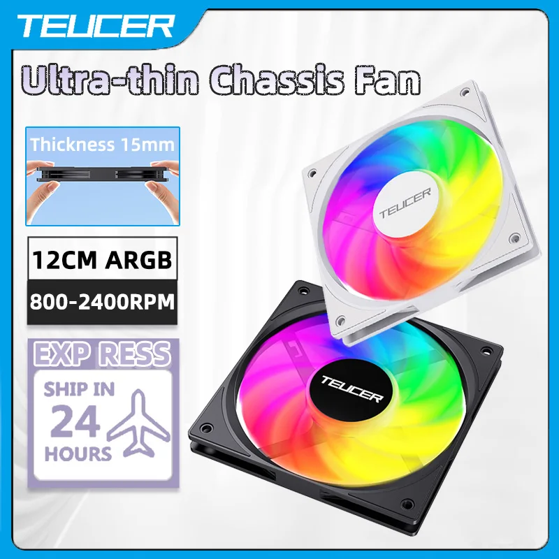 TEUCER ARGB CPU Case Fan 120mm Low Noise Ultra-thin Design 5V 3PIN Motherboard Lighting Sync PWM 800-2400RPM Case Cooler Fan