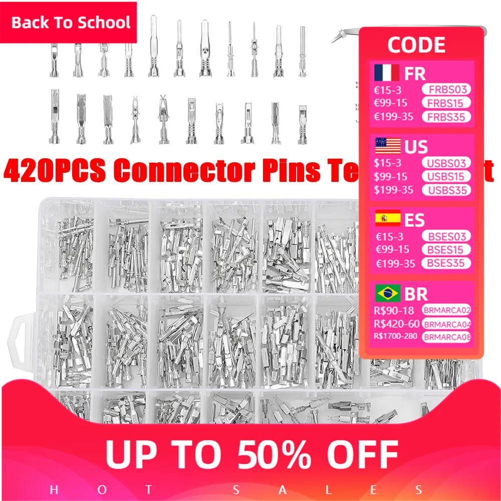 

420 шт. автомобильный электрический разъем, комплект клемм для проводов, 1/1,5/1,8/2,2/2,8/3,5 мм, вилка, мужской и женский обжимной штифт, инструмент для удаления