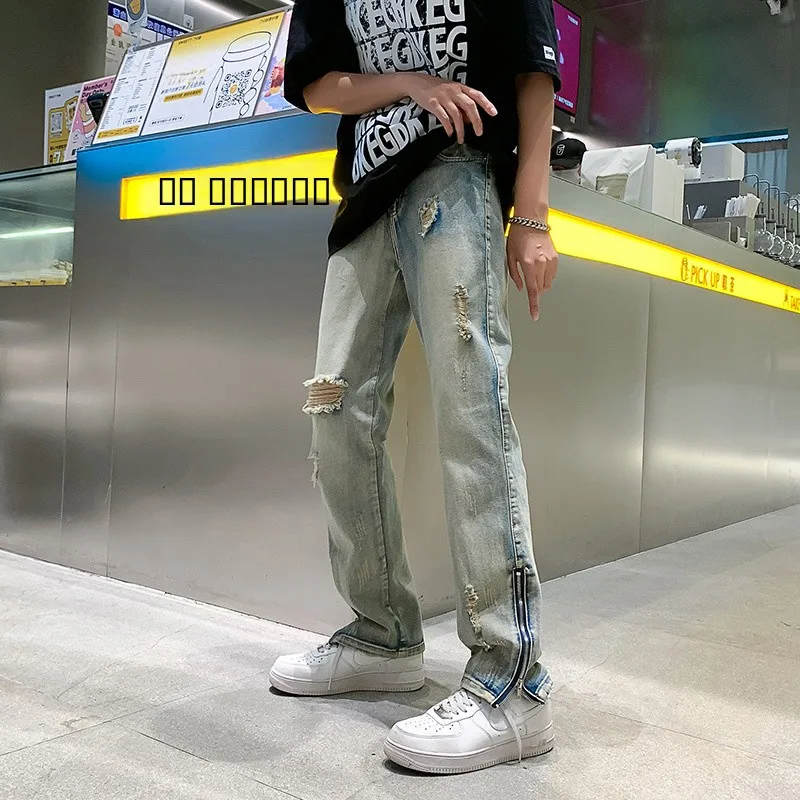 

American Retro Men's Denim Jeans High Street Trend Design Summer Zipper Pants Torn Hole Open Split Casual Straight Leg Jeans
