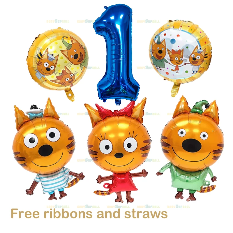 6 Pcs Kid E Cats theme 1 year old Happy birthday party supplies Cookie Candy Pudding  foil balloon