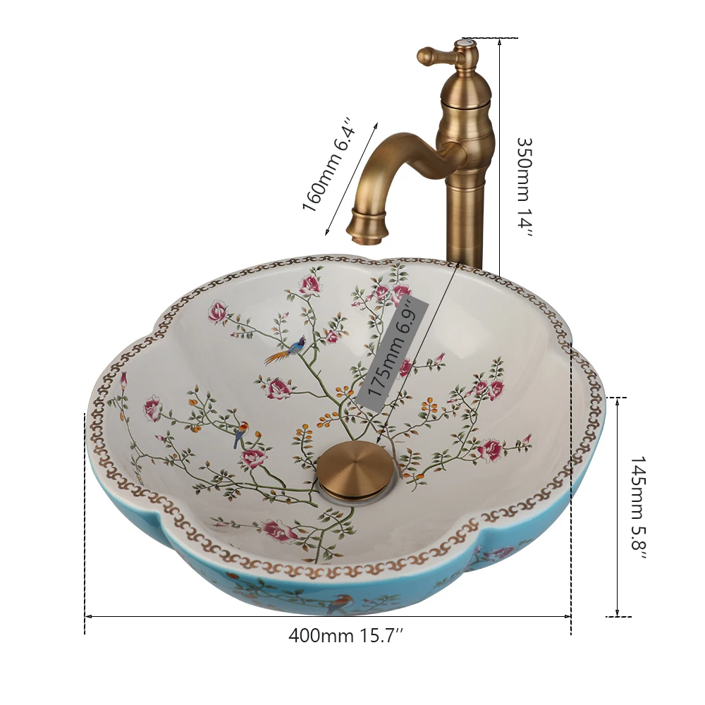 YANKSMART Bathroom Basin Sink White and Blue Ceramic Flower Bird Washbasin Set Antique Brass Mixer Water Tap W/ Pop Up Drain