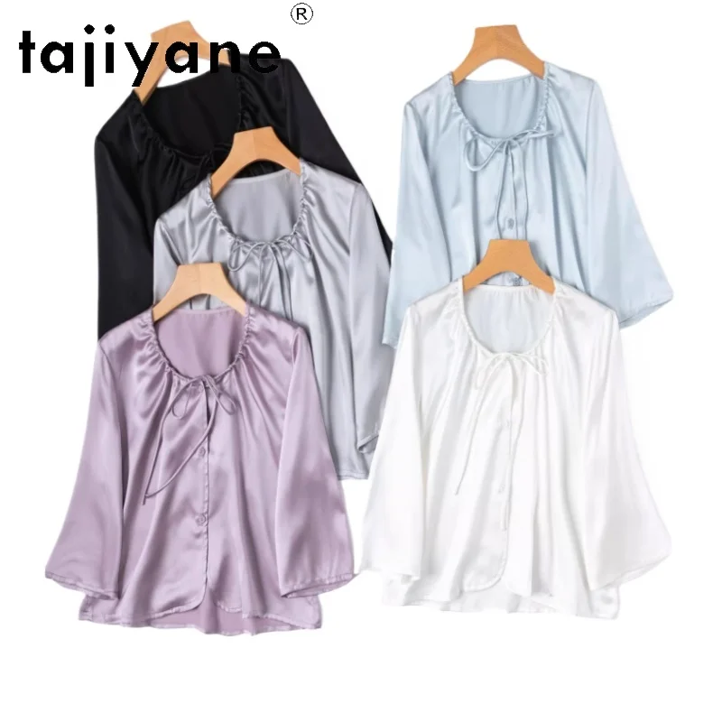 

TAJIYANE 100% mulberry silk Blouse Elegant Short Shirt Three-quarter Sleeves Silk Cardigan Spring Woman Clothing 2026 Рубашка