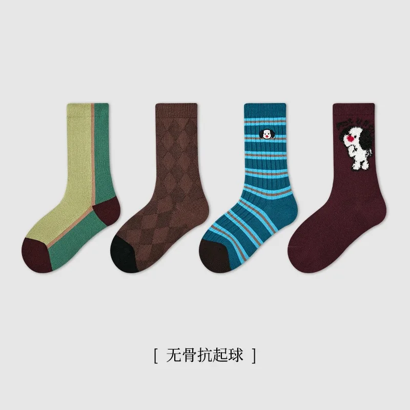 

Socks Four Pairs Children Cotton Cartoon Knee-high Socks Autumn New Puppy Color-block Sporty Sweet Cute Casual Soft