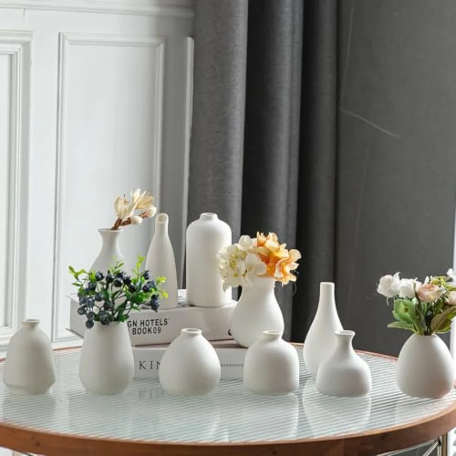 

White Bud Vases, Small Ceramic Vase Set of 11, Mini Pottery Vases for Flowers, Decorative Pieces for Home Modern Decor, Boho De