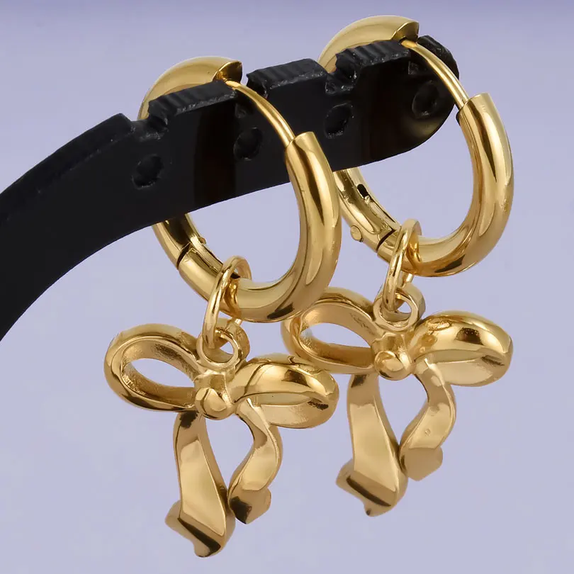 Echt vergoldet Mode Kpop Piercing Schmuck Mädchen Schleife Blume Herz Anhänger Ohrring Edelstahl Creolen für Frauen – Detail 16