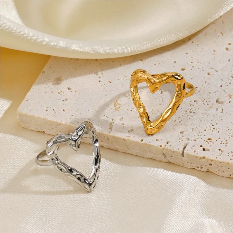 ANENJERY 316L Stainless Steel Irregular Hollow Heart Open Ring for Women Men Personality Popular Ring Party Jewelry  Wholesale