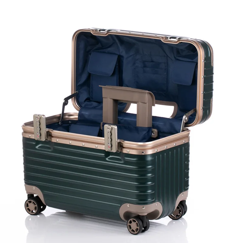 

18 inch aluminum frame photography small flip up long trunk luggage case boarding case universal wheel travel case