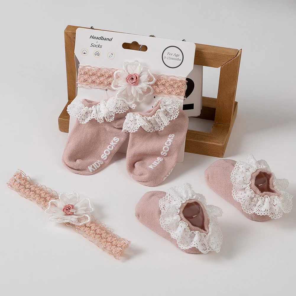 

3Pcs/Set Lace Flower Baby Headbands Socks Wing Bow Cotton Non-slip Anklet 0-12M Stockings Wide Elastic Hairbands Infant Socks