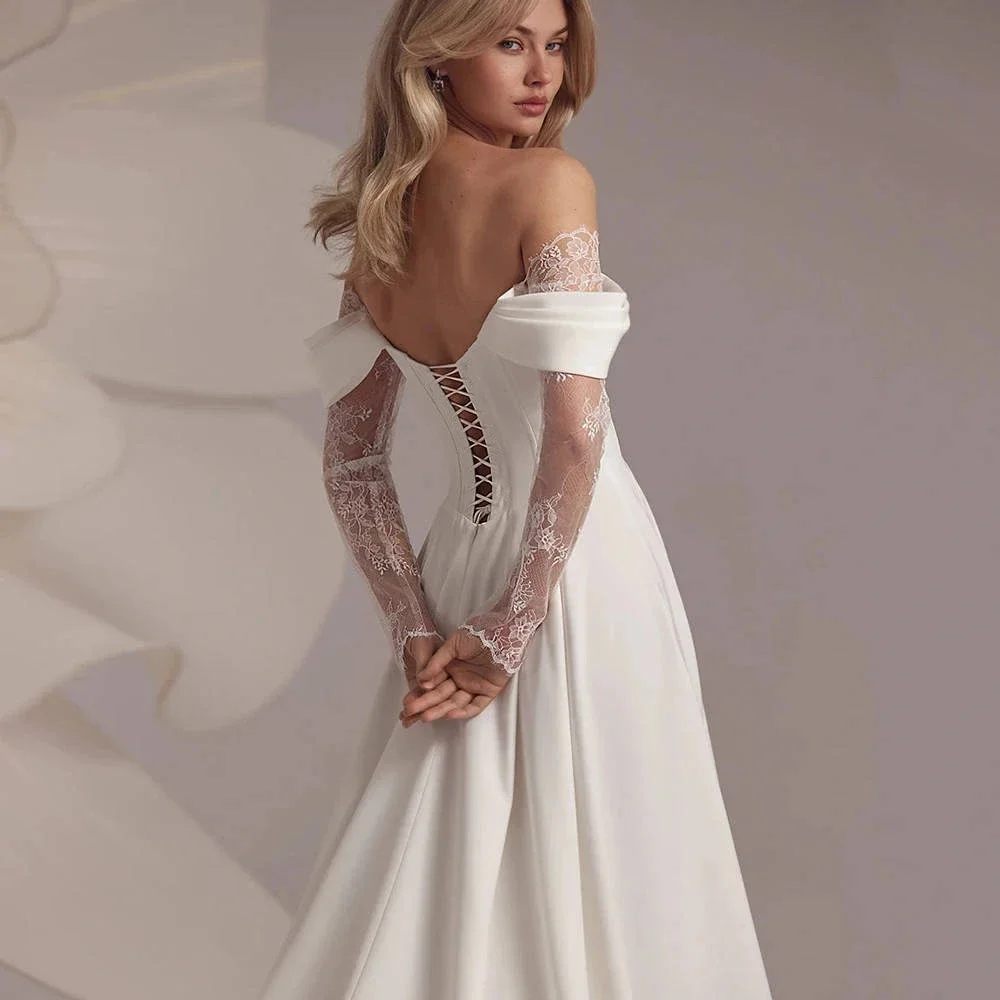 Vestidos de casamento simples personalizados linha sexy uma linha dividida rendas apliques vestidos de noiva fora do ombro plissado cetim elegante vestido