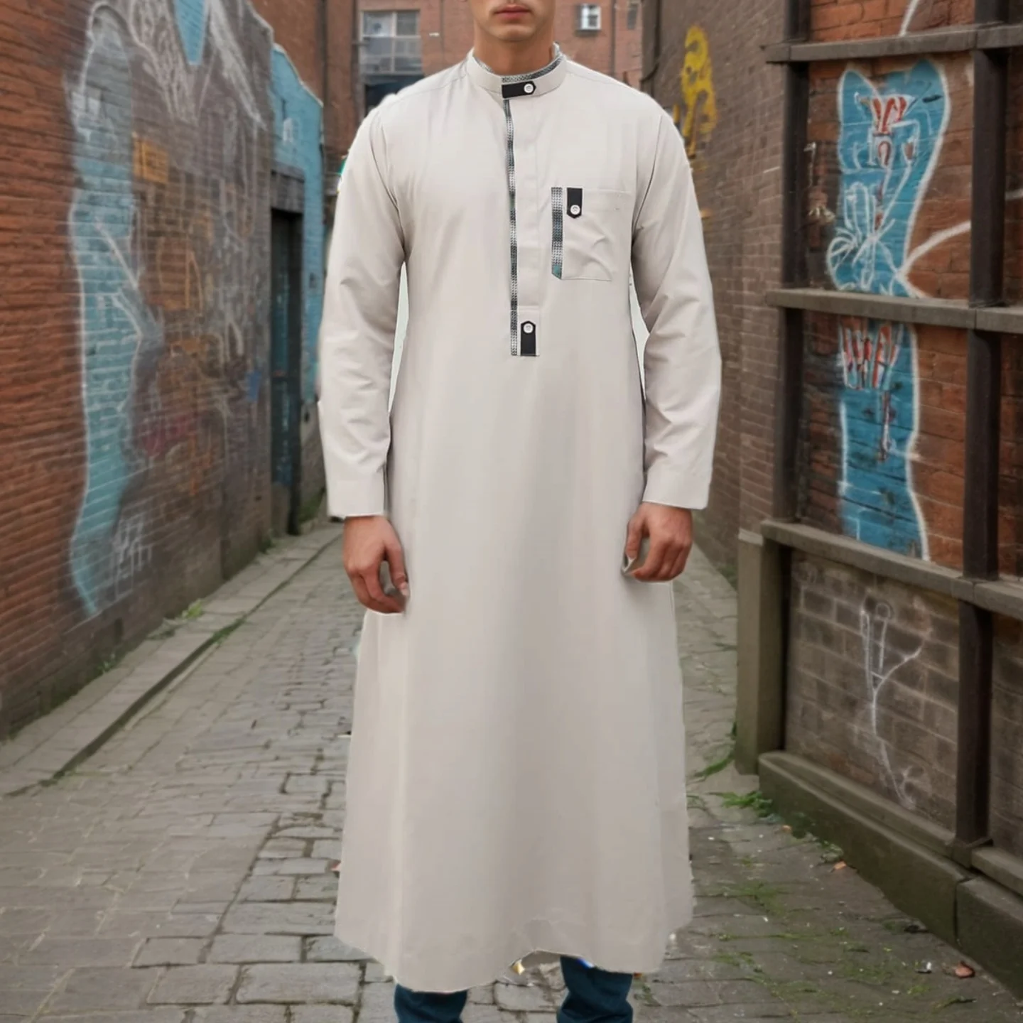 新ムスリム男性用ローブ ライトグレー エレガント レトロ 中東エスニック風 プリントボタン メンズローブ シンプル ルーズ カジュアルローブ