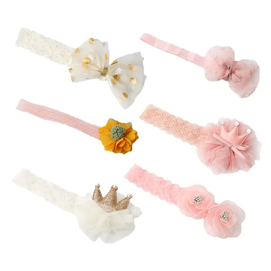 

6pcs Sweet Princess Baby Hair Accessories Set Soft Lace Hairbands with Flower Bowknot Crown Newborn Toddler Girls’ Headdress