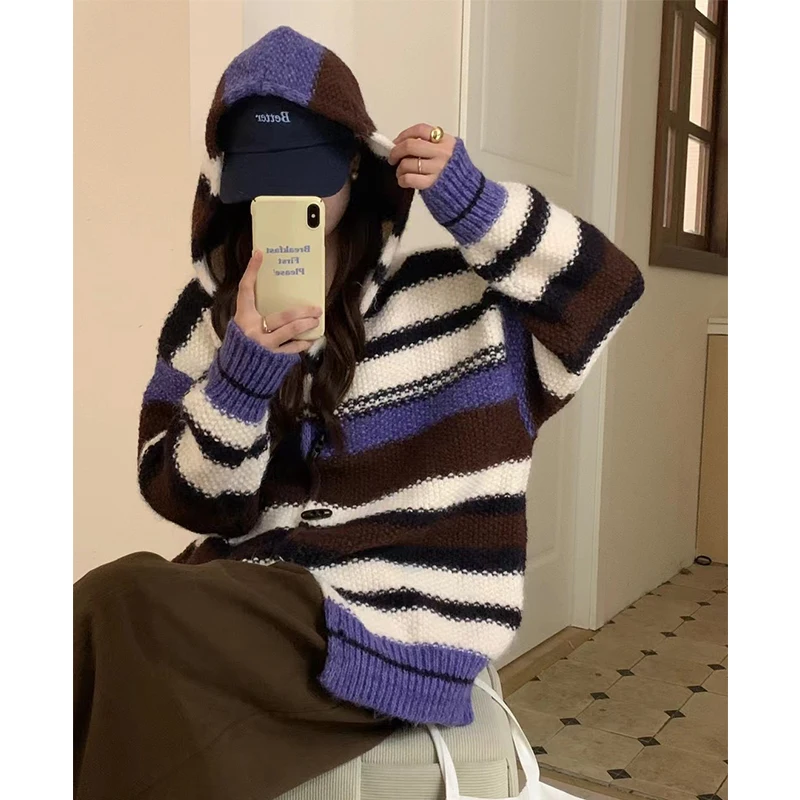 

Lazy style retro contrasting striped knitted cardigan women's autumn and winter Japanese loose thick hooded sweater jacket top