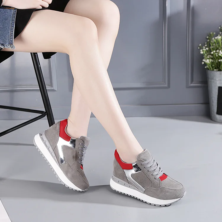 Fujin 6.5cm Platform Wedge Women Casual Shoes Dad Chunky Sneakers Suede Leather Hidden Heel Female Leisure Spring Winter Shoes